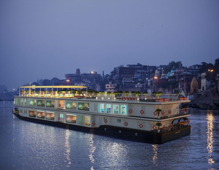 The Ganga Vilas cruise ship sailing on the Ganga river in India.